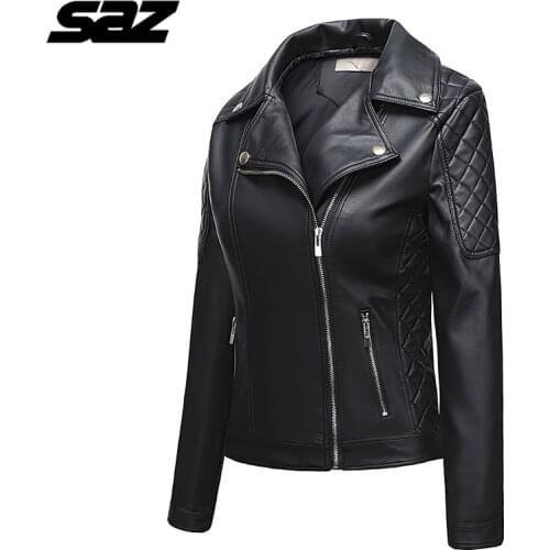 Saz New 2020 Motorcycle leather jackets Black leather jacket women Casual leather coat slim PU jacket Leather