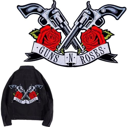Guns & Roses Embroidery Cloth Patch Iron on Large Thermoadhesive Sticker Denim Clothes Decoration Embroidered Label Appliques
