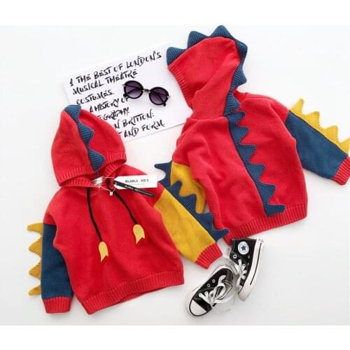 Tonytaobaby Winter New Boys and Girls Childrens Clothes Cute Boys and Girls Color Manual Dinosaur Hooded Pullover Sweater