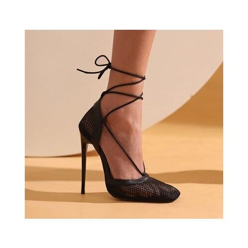 Summer Stiletto High Heels Mesh Genuine Leather Sandals Square Toe Thin High Heels Pumps Strap Rope Gladiator Shoes Large Size47