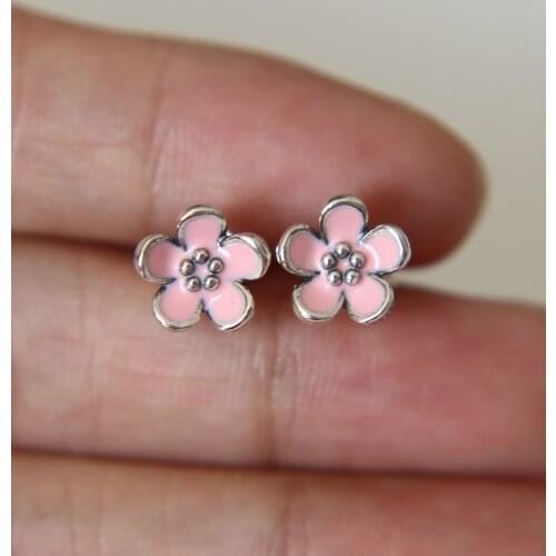 Fashion 100% 925 Sterling Silver beautiful cute girl women enamel bloom flower tiny silver stud earring