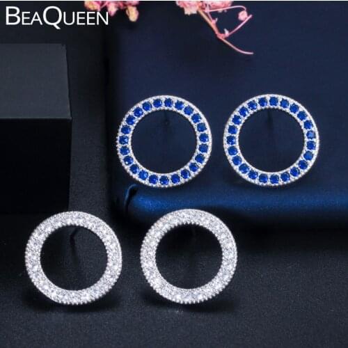 BeaQueen New Fashion Micro Pave Dark Blue Cubic Zirconia Hollow Out Circle Round Stud Earrings Silver Color Women Jewelry E309