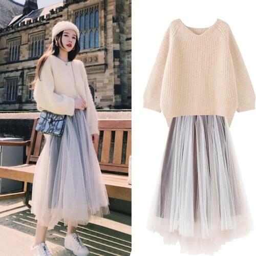 New Fashion Women Autumn Casual Sets Elegant Solid Loose All-Match Knitting Top & Elastic Waist A Line Mesh Skirt Two Piece Suit