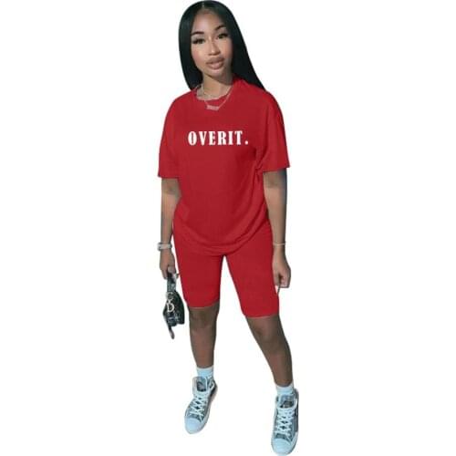 2020 New Casual Women 2 Piece Matching Sets Letter Print Summer Cotton Sporty T shirt Tops And High Waist Shorts Track Suit