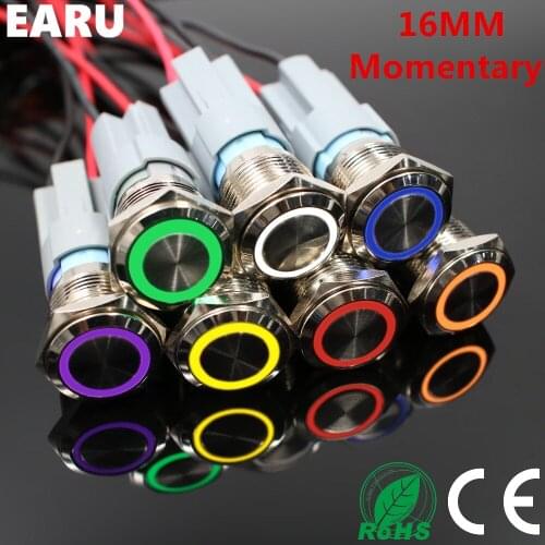 16mm Metal Push Button Switch Waterproof LED Light Momentary Self-reset Car Engine PC Power 3V 5V 12V 24V 220V Red Blue Green