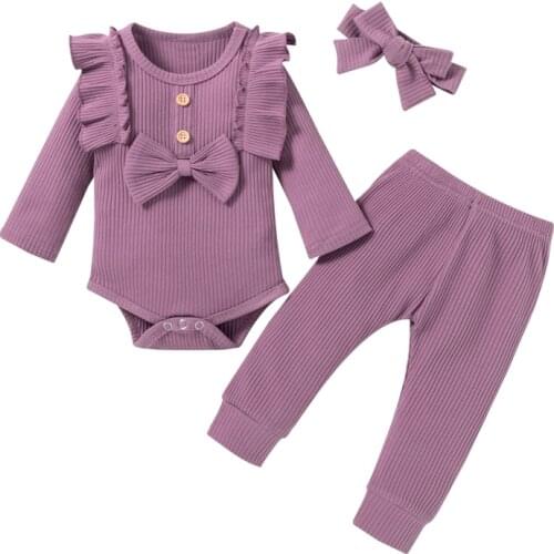 3Pcs Baby Outfits Solid Color Ruffled Long Sleeves Romper + Elastic Waist Pants + Headband for Toddler Girls 0-24 Months