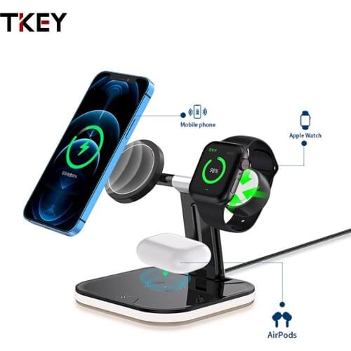 TKEY 15W Fast Charging 3 In 1 Magnetic Wireless Charger For iPhone Samsung Apple Watch AirPods QI Wireless Charging Dock Stand