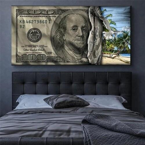 Abstract New Hundred Dollar Bill Vintage Beach Money Canvas Painting Posters and Prints Home Decor Dollar Poster for Living Room