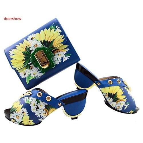 Doershow Italian Shoes with Matching Bags Ladies Shoes with Matching Bags Set Decorated with Rhinestone Party Shoes blue TGF1-2