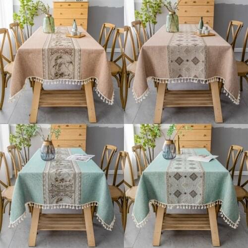 Home decor luxury Cotton and linen Geometric embroidery macrame tassel rectangular Tablecloth kitchen dining Table colth Cover