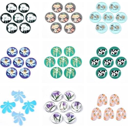 2Pcs Acetic Acid Resin Pendants Cute Cartoon Animal Flower Plant Printed Charms For DIY Necklace Earring Dangle Jewelry Making
