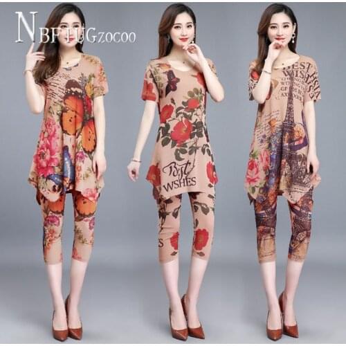 Summer New Loose Plus Size Women Sets Short Sleeve T Shirt And Calf Length Pants Female Sets