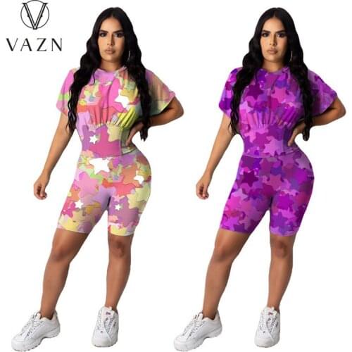 VAZN 2021 Summer Sport Wear Sweet Soft Young Casual Tracksuits Short Sleeve High Waist Short Pants Slim Women 2 Piece Set