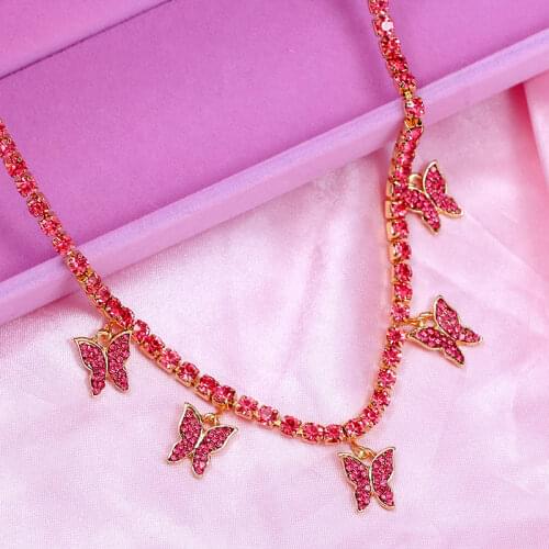 Fashion Charm Tennis Chain Butterfly Choker Necklace for Women Rose Red Rhinestone Necklace Pendant Jewelry Wholesale Gift