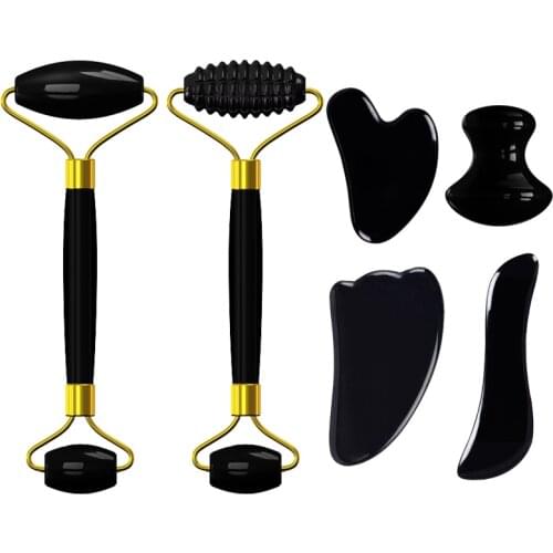 Natural Obsidian Jade Roller Gouache Scraper For Face Gua Sha Massage Tool Set Facial Roller Massager Guasha Board Jade Massager