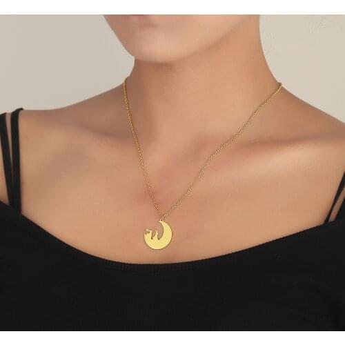 Handmade Cute Animal Rabbit Crescent Moon Necklace For Women Sweet Stainless Steel Jewelry Bunny Pendant Necklace Gift