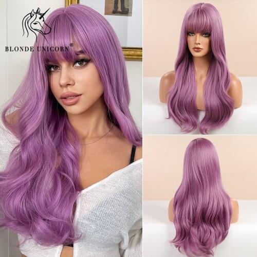 BLONDE UNICORN Long Wavy Purple Synthetic Hair Wigs for Black White Women Natural Wig Hair with Bangs Heat Resistant Fiber