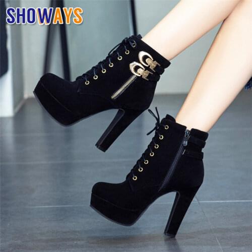 Plus Size Winter Women Platform Martin Boots Black Grey High Chunky Heels Round Toe Party Office Lady Buckle Zipper Ankle Boots