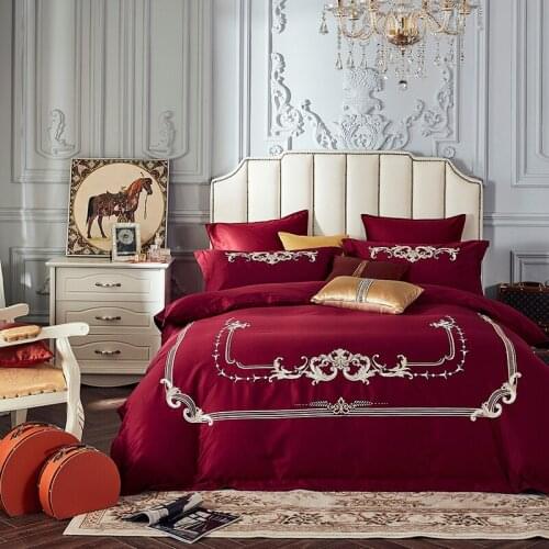 Luxury embroidery Egyptian Cotton Bedding Set Duvet Cover Sheet Pillowcase King Queen gray,blue,red Bed Linen wedding gift