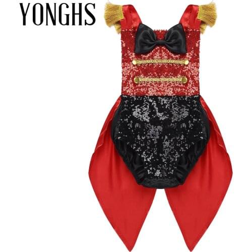 Showman Ringmaster Circus Cosplay Party Costume for Infant Baby Girls Sleeveless Sequined Bowknot Romper for Halloween Roleplay