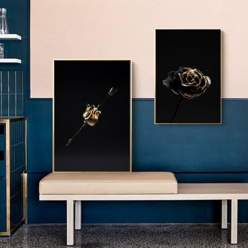 Modern Abstract Black Gold Flower Modern Canvas Painting Posters Prints Wall Art Picture for Living Room Decor Cuadros