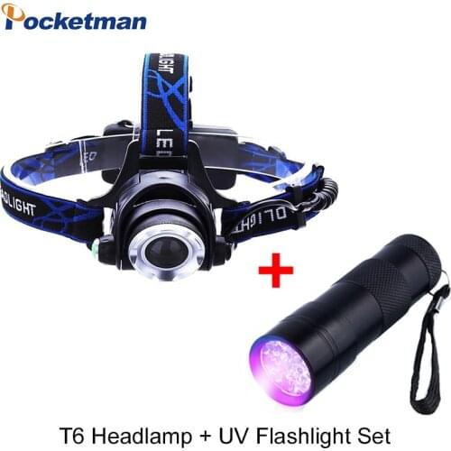 T6 Led Headlamp Zoomable Waterproof Head Fishing Hunting Light + UV Flashlight Ultraviolet Invisible Detection Torch Light