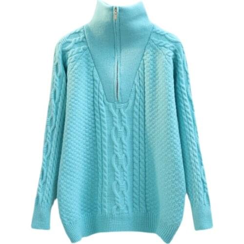 2021Autumn Winter Thick Sweater Womens High Collar Zipper Sweater New Loose Outer Wear Warm Stretch Twist Casual Lady Knit Tops