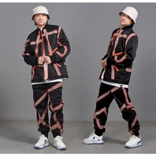 Hip-Hop Dance Clothes Men Reflective Jacket Cargo Pants Suit Hip-Hop Dance Team Costumes Jazz Street Dance Rave Clothes DN9780