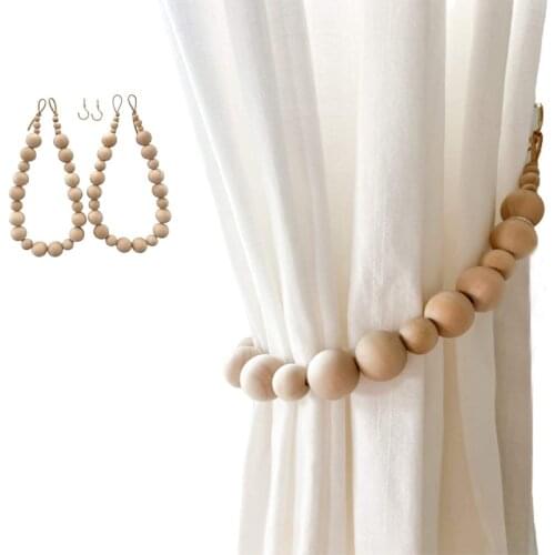 2Pcs Curtain Tiebacks Natural Wood Beads Tie Backs Drape Farmhouse Garland Curtain Holders Window Boho Decor Accessories