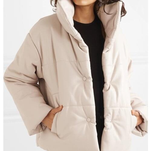 Woman Jacke Autumn and Winter Faux Leather Windproof Warm Short Fashion Casual Button High Collar