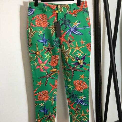 High Fashion Women Fall Winter New Starfish Shell Print Straight Leg Trousers Slit Cuffs Casual Green Pants Runway Brand Clothes