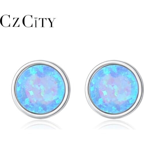 CZCITY 925 Sterling Silver Brightly Round Opal Stud Earrings for Women Three Color Girls Dating Party 925 Earrings Jewelry Gifts