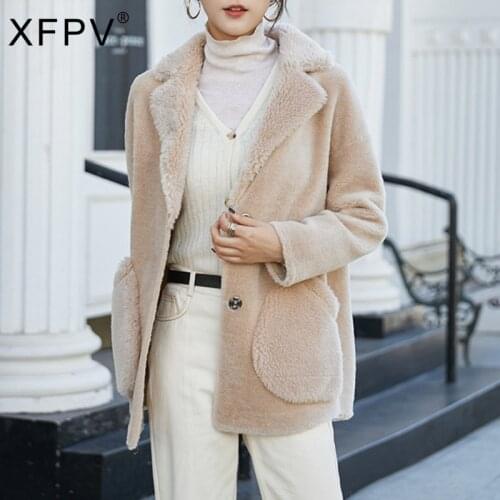 XFPV Winter 2021 Women Autumn New Loose Medium Long Fur Coat Lapel Covered Button Long Sleeve Pockets Outwear Female Tide SM652