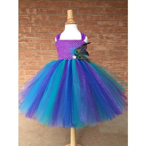 Girls Peacock Feather Flower Tutu Dress Kids Purple Glitter Tulle Dress Ball Gown with Straps Children Halloween Costume Dresses