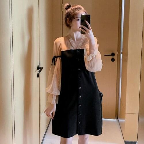8023# Maternity Clothes V Neck Nursing Dress Spring Autumn Mid-Long Breastfeeding Dress