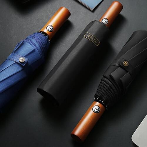 Vintage Wooden Automatic Umbrella Business Men Windproof Outdoor Foldable Parasol Umbrella Rain Double Layer Big Golf Umbrellas
