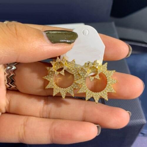 Brand 1:1Luxury Sun Flower Earrings Gold Color Cubic Zirconia Star Gear Asymmetry Earring Set Fashion Women Jewelry Gift