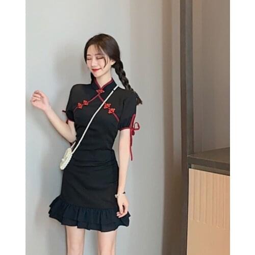 Black Sexy Japanese Dresses Vietnam Clothing Cheongsam Oriental Dress Qipao Vietnam Traditional Dress Short Ao Dai Dress FF2783