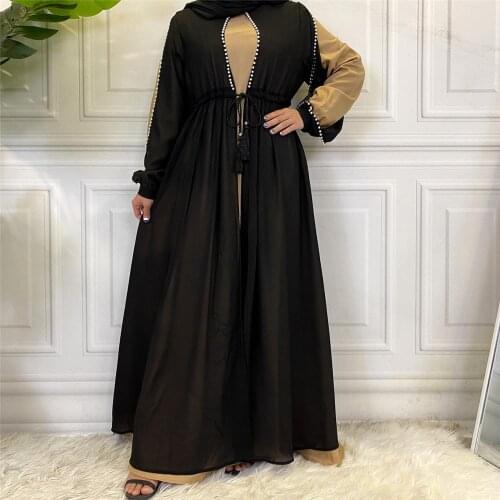Elegant 2 Piece set Adult Modest Muslim Abaya Arab Robe Patchwork Black Full Length O-Neck Dress Dubai Muslims Women Dresses