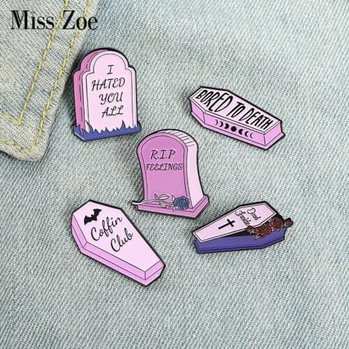 Dead Inside Enamel Pins Custom Purple Coffin Tombstone Brooch Lapel Badge Bag Gothic Punk Jewelry Gift for Friends