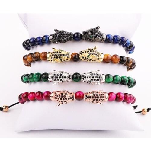 JARAVVI Men Bracelet High Quality Natural Stone Beads CZ Pave Leopard Charm Adjustable Bracelet Men Jewelry Gift