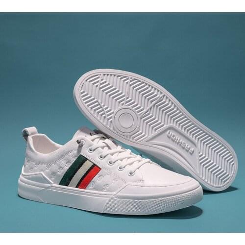 2021 New Men Tide Casual Shoes Cow Genuine Leather Spring Striped Leisure Comfortable Lightweight Flat White Shoes Sneakers