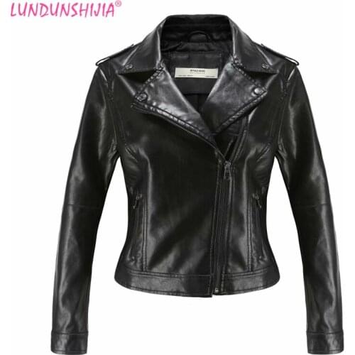 LUNDUNSHIJIA Black Faux Leather Jackets Women Motorcycle Jacket 2021 Spring Autumn Outerwear Coats Short Zipper Basic Jackets