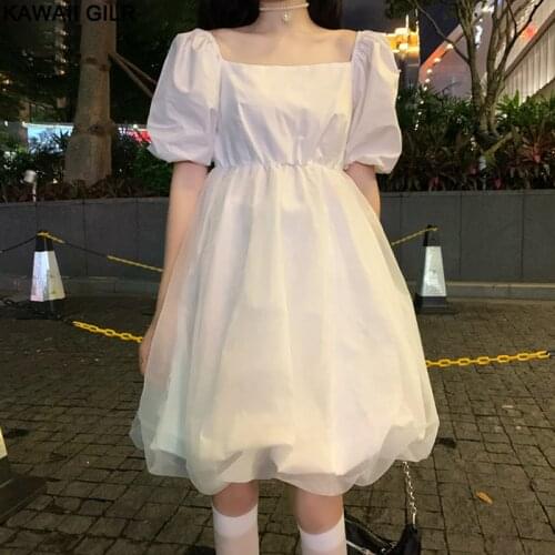 Kawaii Lolita Style Dress Sweet Mori Series Thin Puff Sleeve Square Collar Fairy Dress Soft Girl 2020 White Puffy Dresses Summer