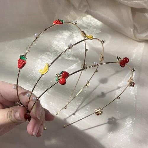 2021 New Women Elegant Fruit Pearls Hairbands Sweet Thin Metal Headband Hair Bundle Lady Crystal Hair Hoops Fashion Accessories