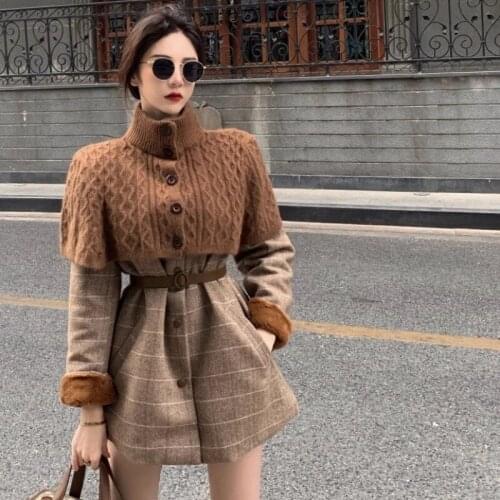 Autumn And Winter New Products Womens Tide Plus Velvet Plaid Cloak High Neck Knitted Shawl + woolen Coat Two-piece Womens