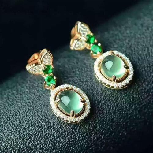 New original design prehnite oval plant earrings Chinese style light luxury diamond charm womens brand silver jewelry