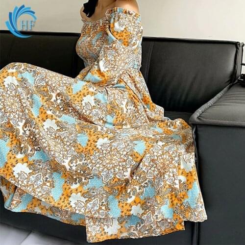 Autumn Sundress New Printed Loose Dress Retro Dress One-shoulder Womens Dress Slim Casual Dress Evening Dress Long Sleeve Dress