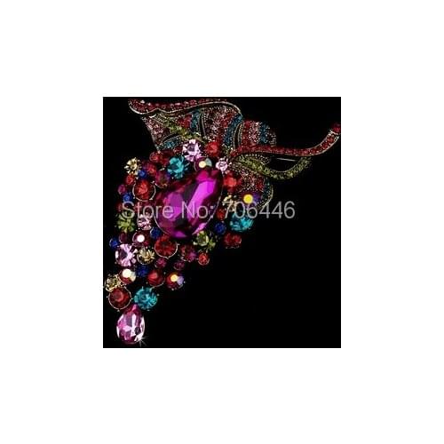 Multicolored Rhinestone Crystal Diamante Large Grape Brooch with Teardrop Shaped Crystals 4 Inch