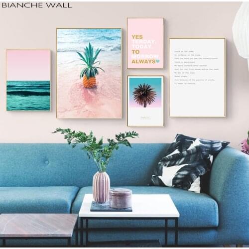 Pink Ocean Beach Palm Tree Canvas Poster Nordic Nature Seascape Wall Art Print Painting Scandinavian Home Decoration Picture